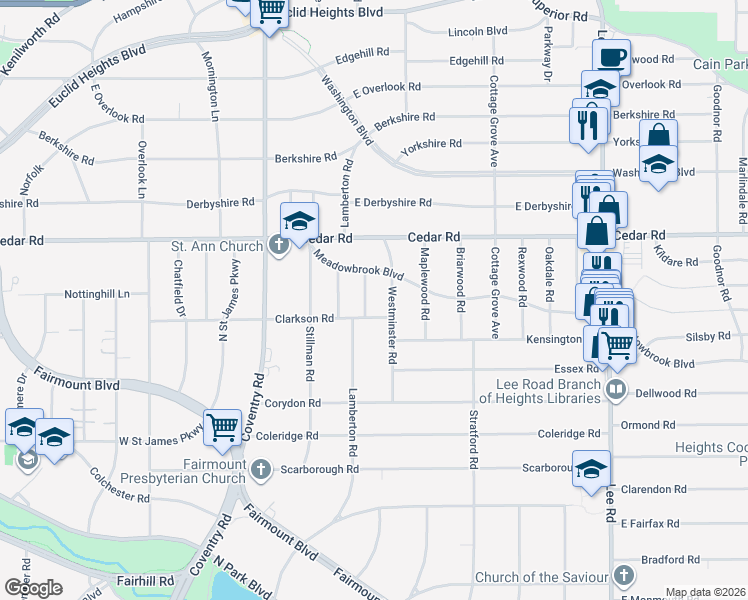 map of restaurants, bars, coffee shops, grocery stores, and more near 2220 Kerrwood Road in Cleveland Heights