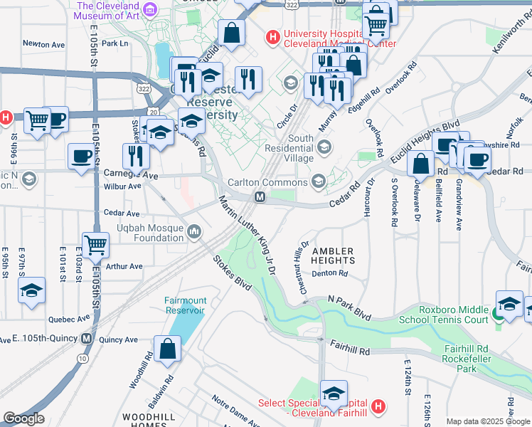 map of restaurants, bars, coffee shops, grocery stores, and more near 11432 Cedar Glen Parkway in Cleveland
