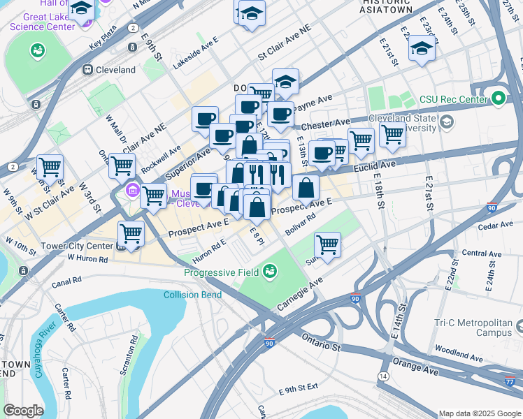map of restaurants, bars, coffee shops, grocery stores, and more near 2017 East 9th Street in Cleveland