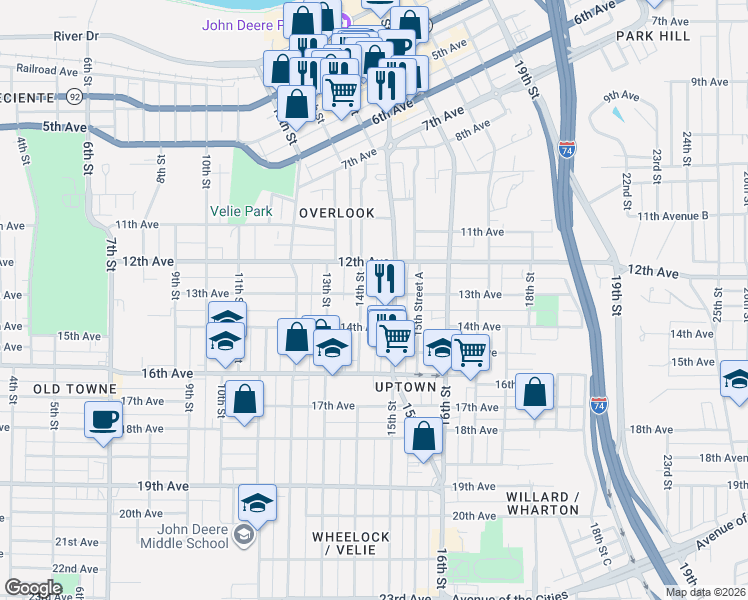 map of restaurants, bars, coffee shops, grocery stores, and more near 1311 15th Street in Moline