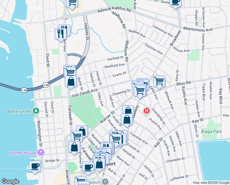 map of restaurants, bars, coffee shops, grocery stores, and more near 32 Channing Street in Newport