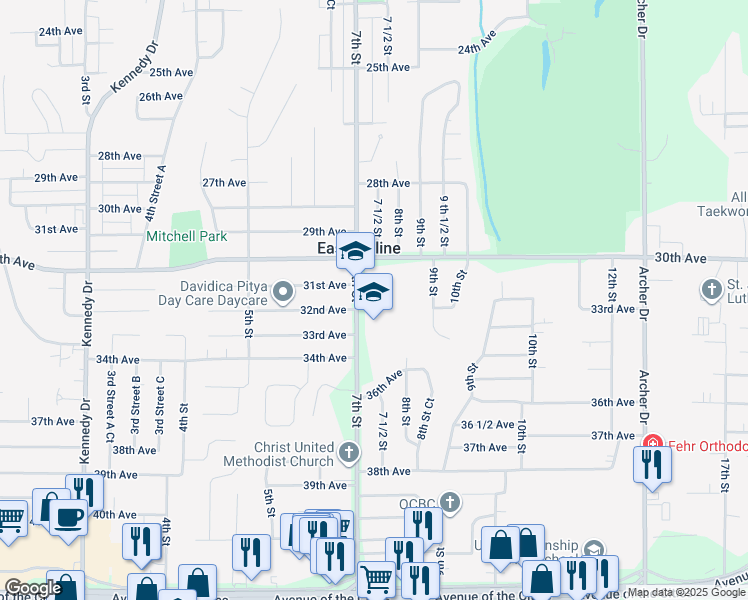 map of restaurants, bars, coffee shops, grocery stores, and more near 3100 7th Street in East Moline