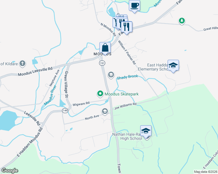 map of restaurants, bars, coffee shops, grocery stores, and more near 6 Plains Road in East Haddam