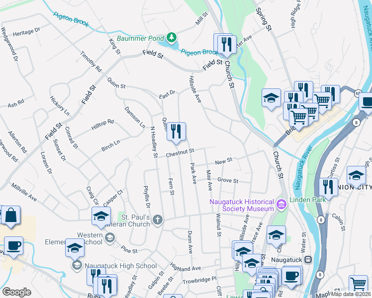 map of restaurants, bars, coffee shops, grocery stores, and more near 149 Quinn Street in Naugatuck