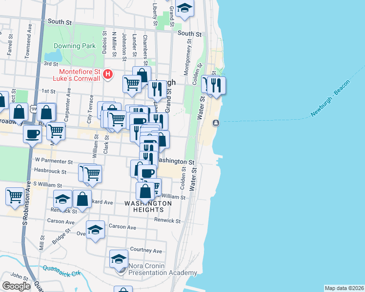 map of restaurants, bars, coffee shops, grocery stores, and more near 20 Washington Street in Newburgh