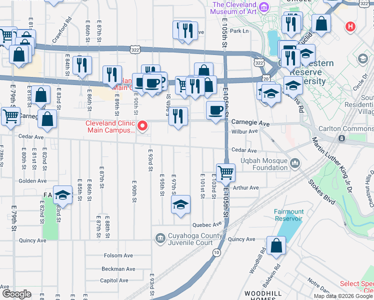 map of restaurants, bars, coffee shops, grocery stores, and more near 2171 East 100th Street in Cleveland