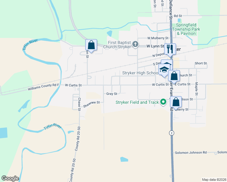 map of restaurants, bars, coffee shops, grocery stores, and more near 501 Gray Street in Stryker