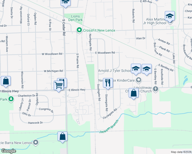 map of restaurants, bars, coffee shops, grocery stores, and more near 905 Southgate Road in New Lenox