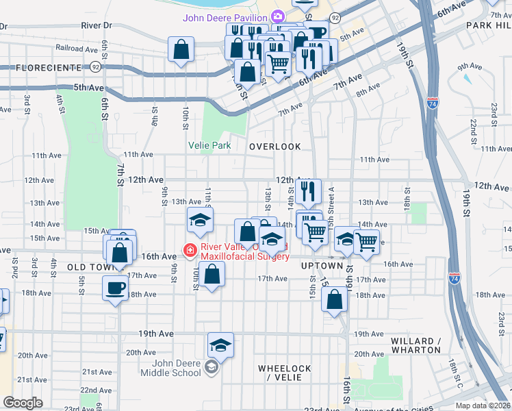 map of restaurants, bars, coffee shops, grocery stores, and more near 1311 13th Street in Moline
