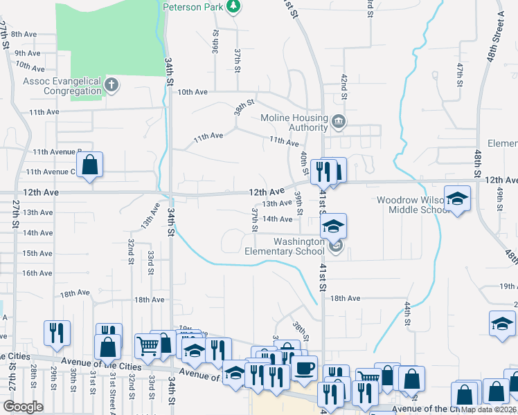 map of restaurants, bars, coffee shops, grocery stores, and more near 3704 13th Avenue in Moline