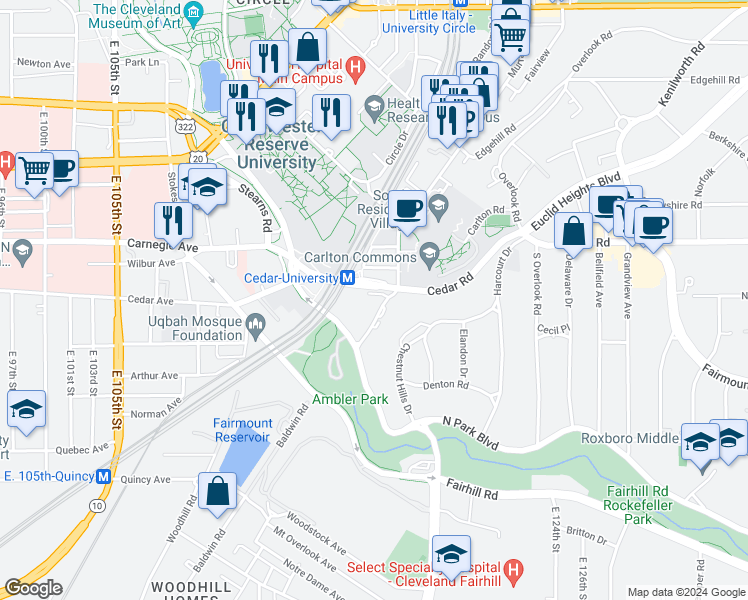 map of restaurants, bars, coffee shops, grocery stores, and more near 11432 Cedar Glen Parkway in Cleveland