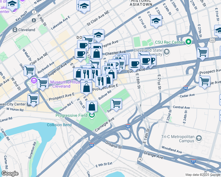 map of restaurants, bars, coffee shops, grocery stores, and more near 1122 Prospect Avenue East in Cleveland