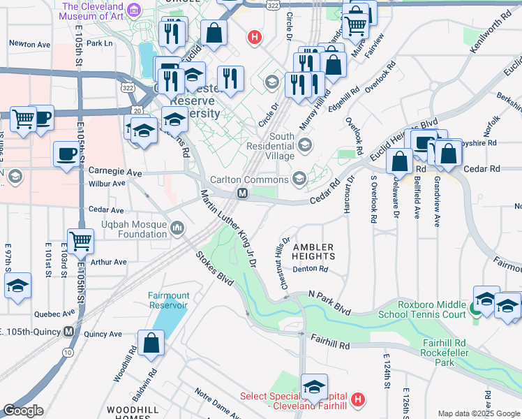 map of restaurants, bars, coffee shops, grocery stores, and more near 11428 Cedar Glen Parkway in Cleveland