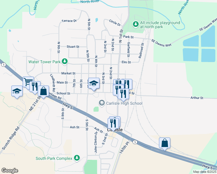 map of restaurants, bars, coffee shops, grocery stores, and more near 125 School Street in Carlisle