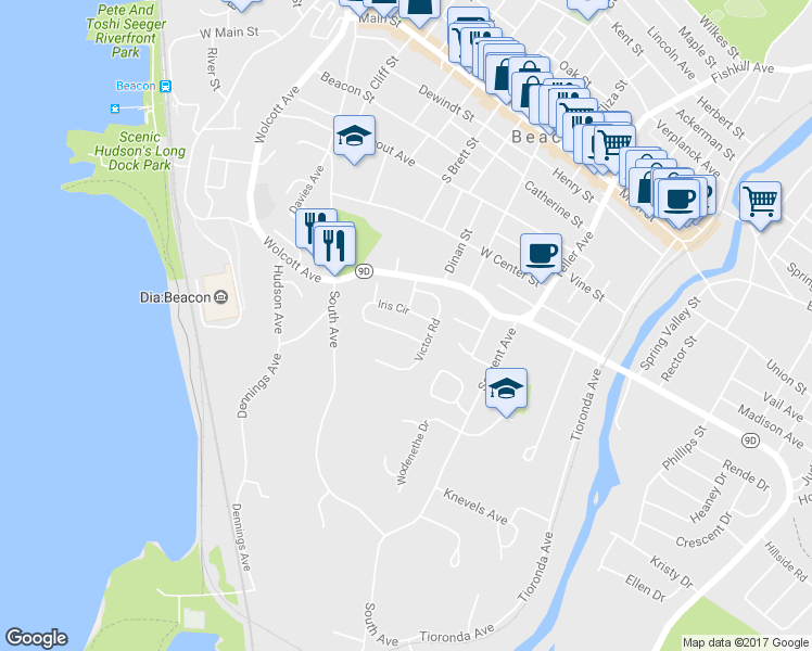 map of restaurants, bars, coffee shops, grocery stores, and more near 41 Iris Circle in Beacon