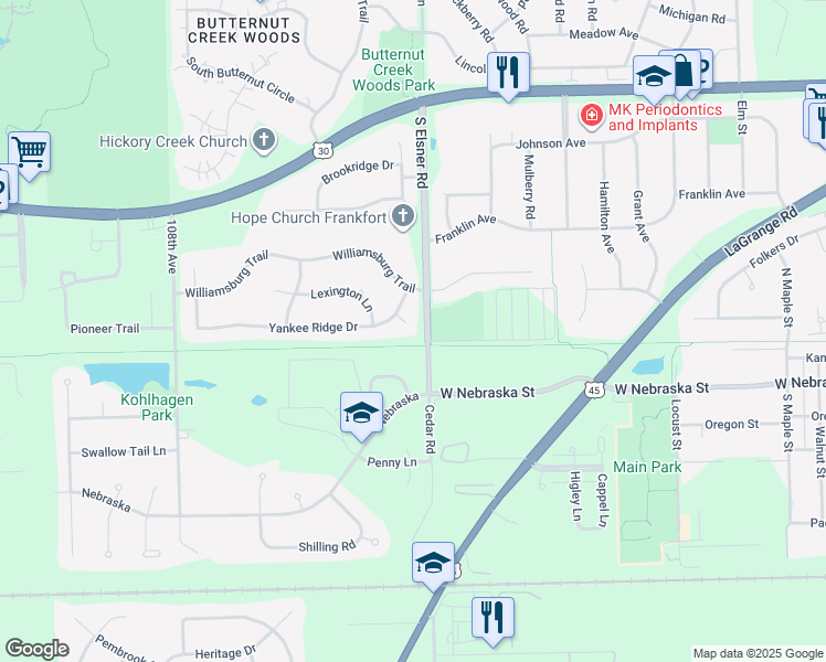 map of restaurants, bars, coffee shops, grocery stores, and more near 10479 Yankee Ridge Drive in Frankfort