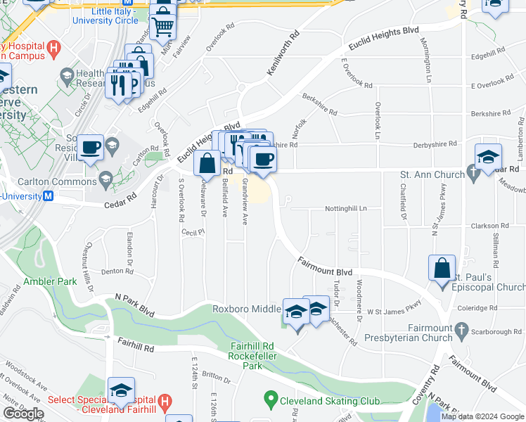 map of restaurants, bars, coffee shops, grocery stores, and more near 2504 Fairmount Boulevard in Cleveland Heights