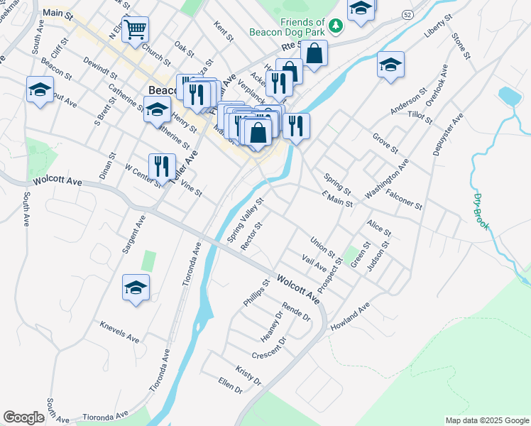 map of restaurants, bars, coffee shops, grocery stores, and more near 7 Rector Street in Beacon
