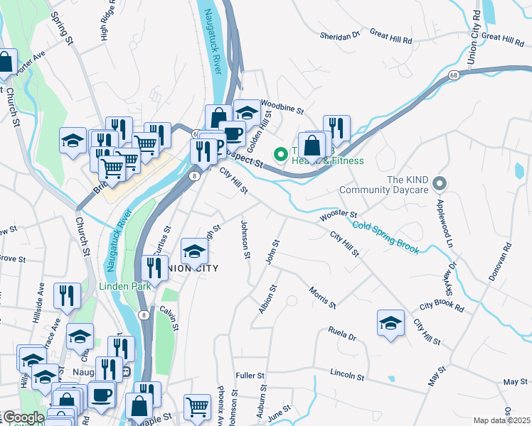 map of restaurants, bars, coffee shops, grocery stores, and more near 123 City Hill Street in Naugatuck