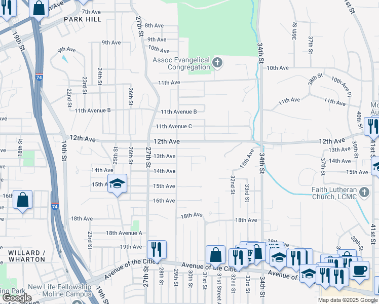 map of restaurants, bars, coffee shops, grocery stores, and more near 2921 13th Avenue in Moline