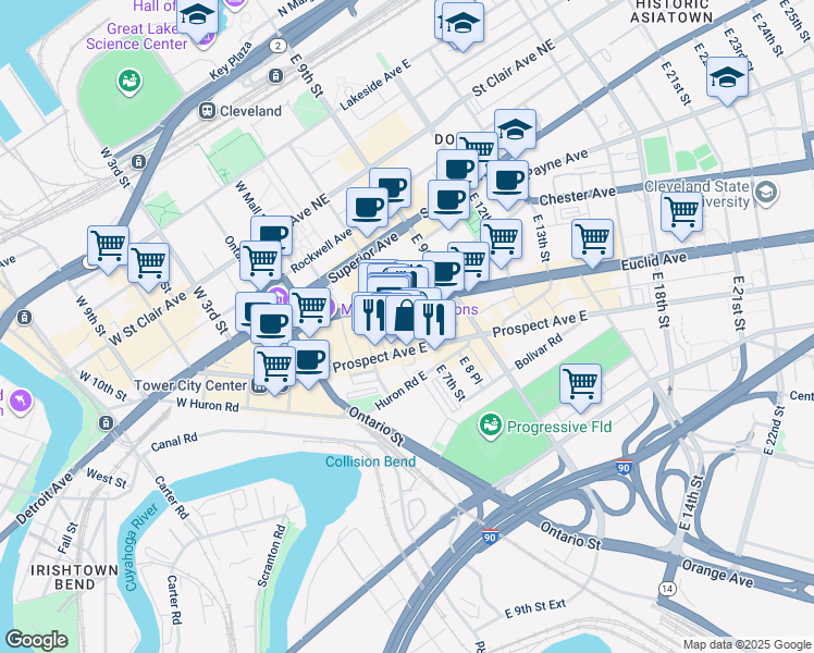 map of restaurants, bars, coffee shops, grocery stores, and more near 668 Euclid Avenue in Cleveland