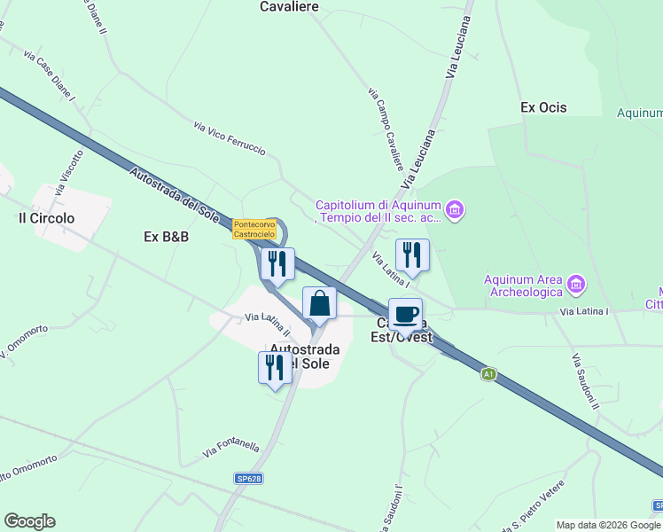 map of restaurants, bars, coffee shops, grocery stores, and more near 49 Via Leuciana in Provincia di Frosinone