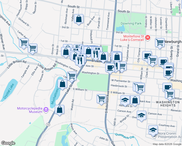 map of restaurants, bars, coffee shops, grocery stores, and more near 375 Washington Street in Newburgh