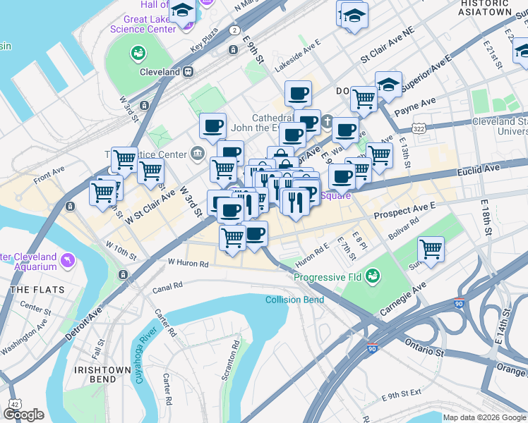 map of restaurants, bars, coffee shops, grocery stores, and more near 248 Euclid Avenue in Cleveland