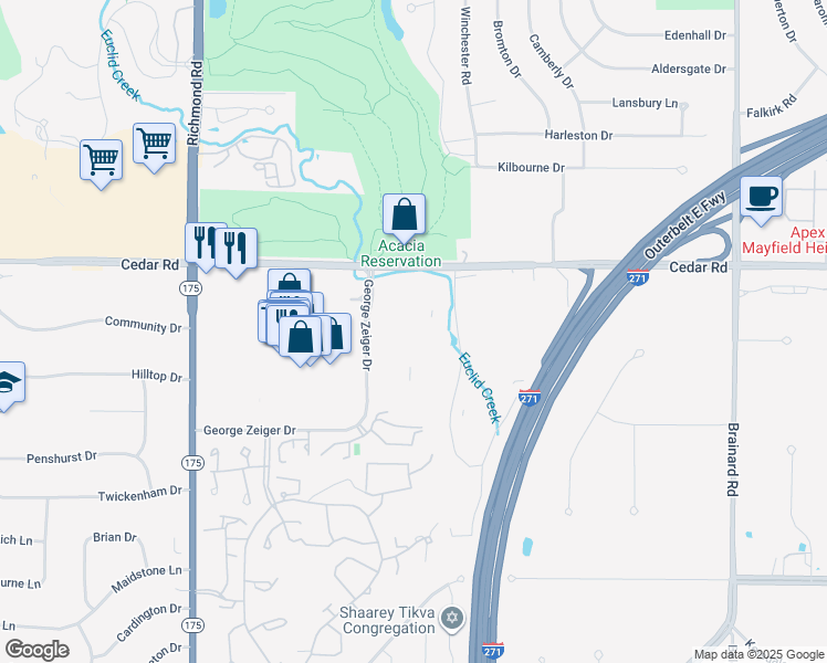 map of restaurants, bars, coffee shops, grocery stores, and more near 27020 George Zeiger Drive in Beachwood