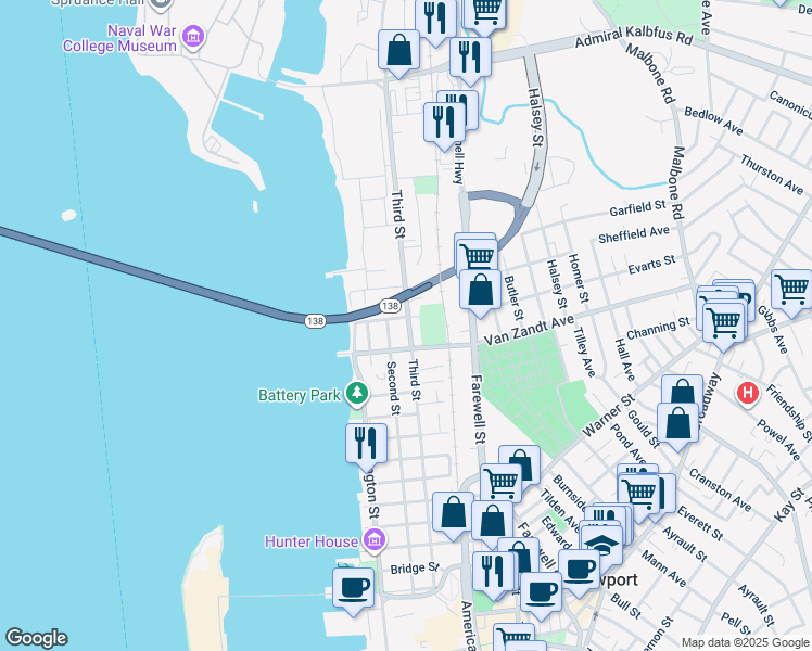 map of restaurants, bars, coffee shops, grocery stores, and more near 102 3rd Street in Newport