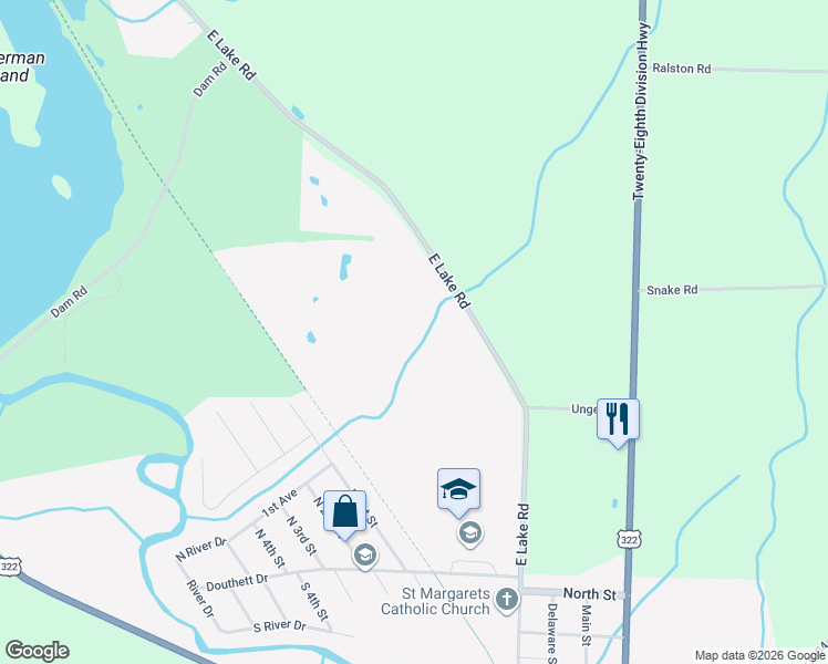 map of restaurants, bars, coffee shops, grocery stores, and more near 15748 East Lake Road in Jamestown