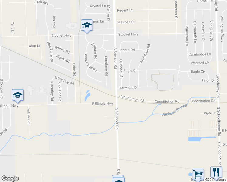 map of restaurants, bars, coffee shops, grocery stores, and more near 845 South Spencer Road in New Lenox