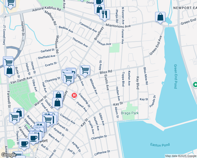 map of restaurants, bars, coffee shops, grocery stores, and more near 15 Brightman Street in Newport