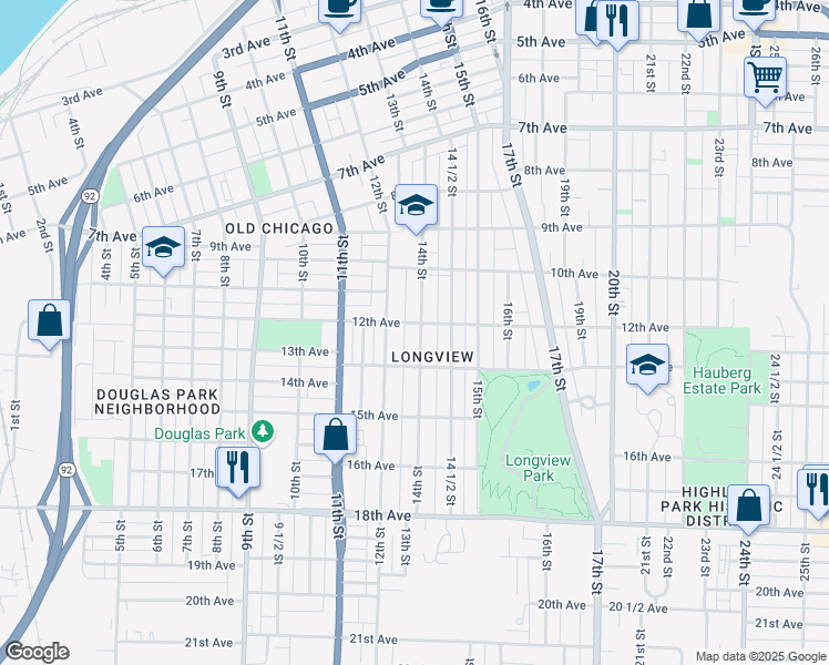 map of restaurants, bars, coffee shops, grocery stores, and more near 1206 14th Street in Rock Island