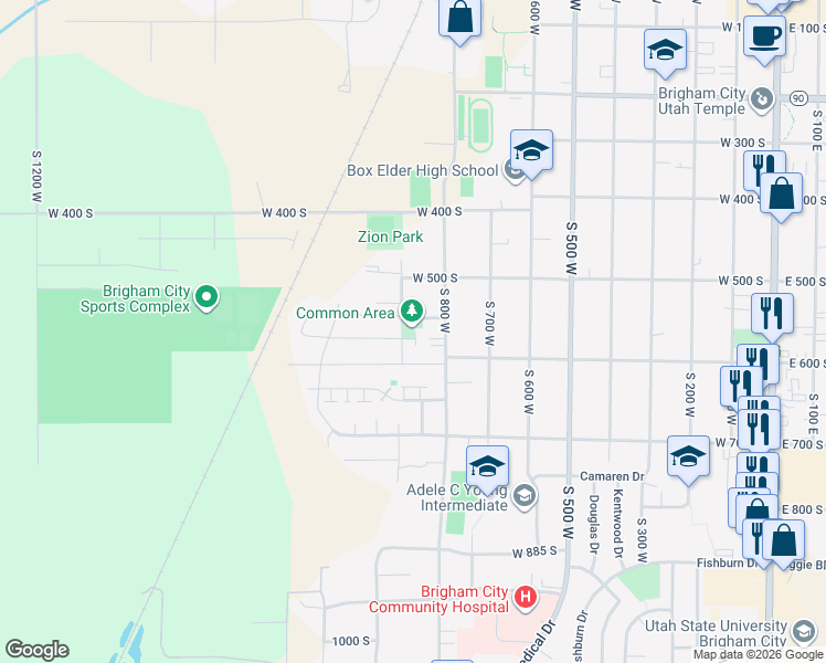 map of restaurants, bars, coffee shops, grocery stores, and more near 909 West 575 South in Brigham City