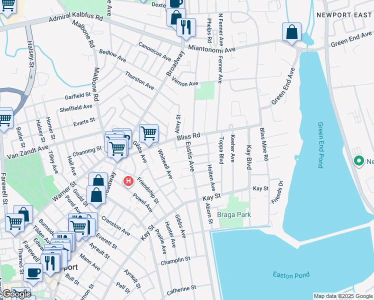 map of restaurants, bars, coffee shops, grocery stores, and more near 19 Eustis Avenue in Newport