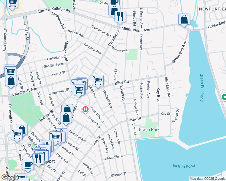 map of restaurants, bars, coffee shops, grocery stores, and more near 15 Brightman Street in Newport