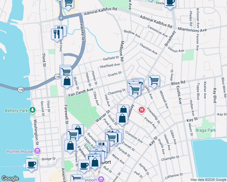 map of restaurants, bars, coffee shops, grocery stores, and more near 23 Channing Street in Newport