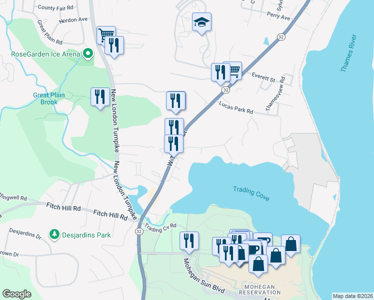 map of restaurants, bars, coffee shops, grocery stores, and more near 1 Trading Cove Drive in Norwich