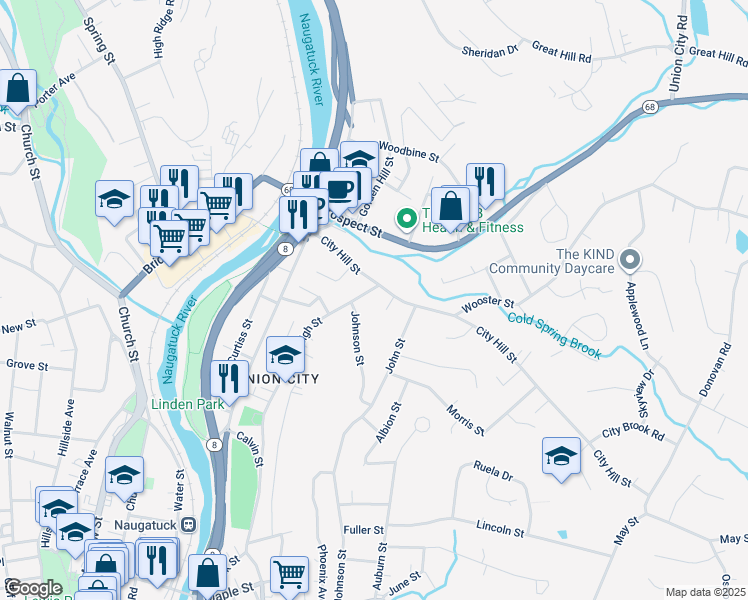 map of restaurants, bars, coffee shops, grocery stores, and more near 123 City Hill Street in Naugatuck