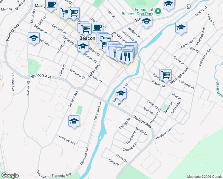 map of restaurants, bars, coffee shops, grocery stores, and more near 67 Tioronda Avenue in Beacon
