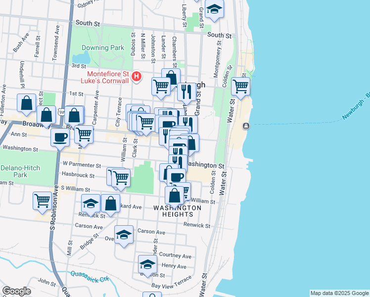 map of restaurants, bars, coffee shops, grocery stores, and more near 17 Grand Street in Newburgh