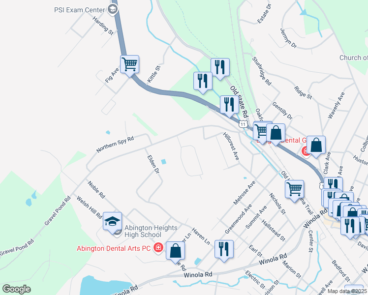 map of restaurants, bars, coffee shops, grocery stores, and more near 1071 Green Holly Road in Lackawanna County