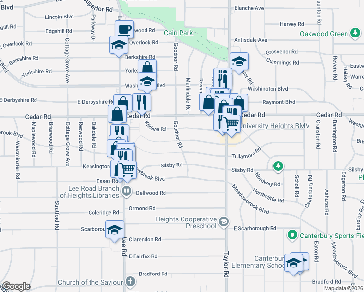 map of restaurants, bars, coffee shops, grocery stores, and more near 3351 Tullamore Road in Cleveland Heights