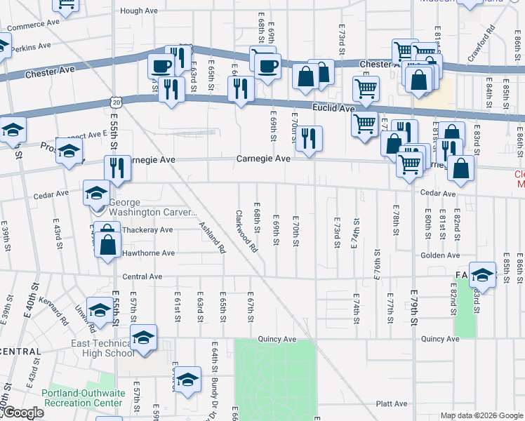map of restaurants, bars, coffee shops, grocery stores, and more near 2202 East 69th Street in Cleveland