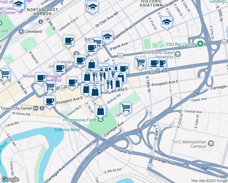 map of restaurants, bars, coffee shops, grocery stores, and more near 1010 Prospect Avenue East in Cleveland