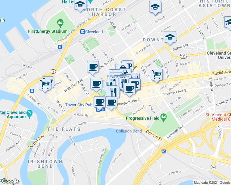 map of restaurants, bars, coffee shops, grocery stores, and more near 248 Euclid Avenue in Cleveland