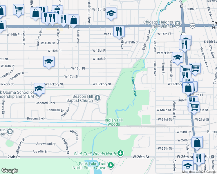 map of restaurants, bars, coffee shops, grocery stores, and more near 260 Hickory Street in Chicago Heights