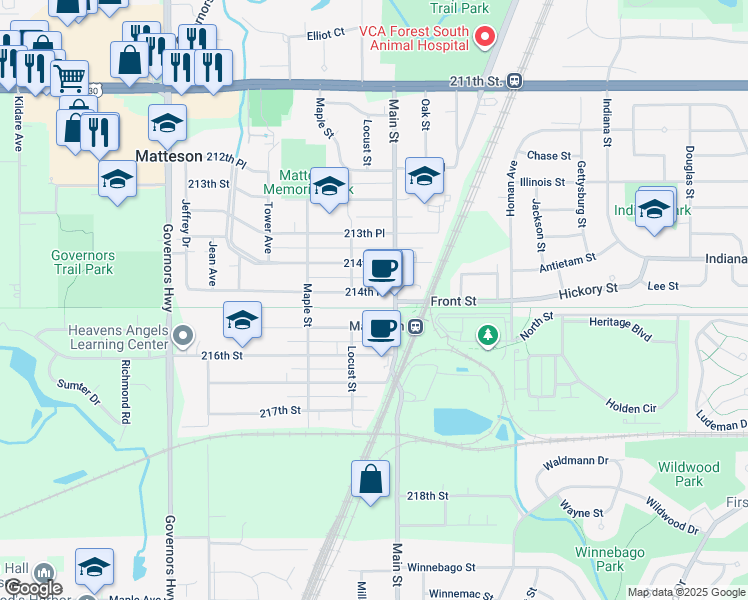 map of restaurants, bars, coffee shops, grocery stores, and more near 3635 214th Place in Matteson