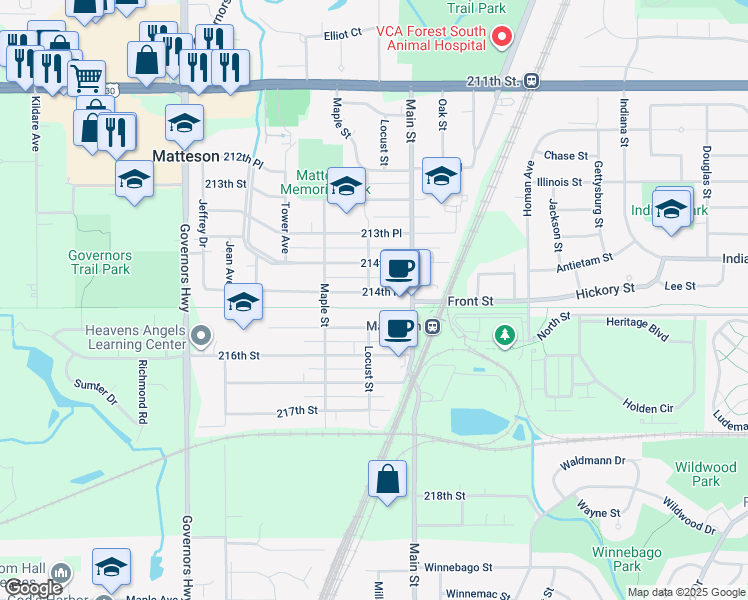 map of restaurants, bars, coffee shops, grocery stores, and more near 3635 214th Place in Matteson